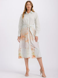 WOMEN'S LONG SLEEVE BUTTON CLOSURE SELF TIE PRINTED MIDI DRESS