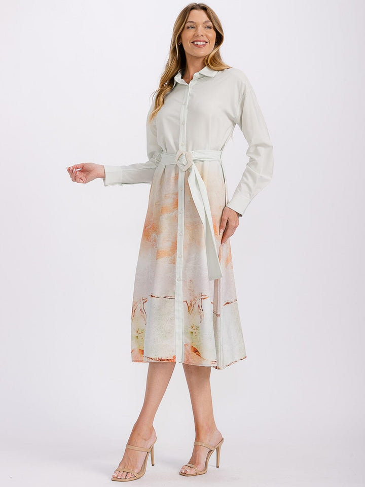 WOMEN'S LONG SLEEVE BUTTON CLOSURE SELF TIE PRINTED MIDI DRESS