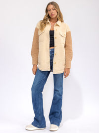 WOMEN'S LONG SLEEVE BUTTON UP FRONT POCKET COLORBLOCK SHERPA SHACKET