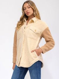 WOMEN'S LONG SLEEVE BUTTON UP FRONT POCKET COLORBLOCK SHERPA SHACKET