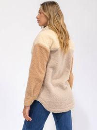 WOMEN'S LONG SLEEVE BUTTON UP FRONT POCKET COLORBLOCK SHERPA SHACKET