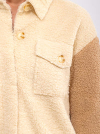 WOMEN'S LONG SLEEVE BUTTON UP FRONT POCKET COLORBLOCK SHERPA SHACKET