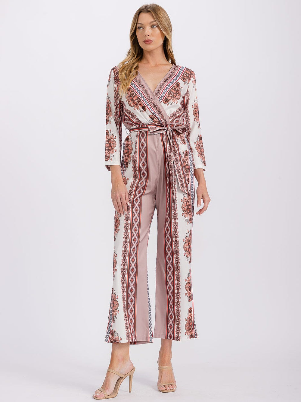WOMEN'S LONG SLEEVE SURPLICE SELF TIE MULTI PRINT JUMPSUIT