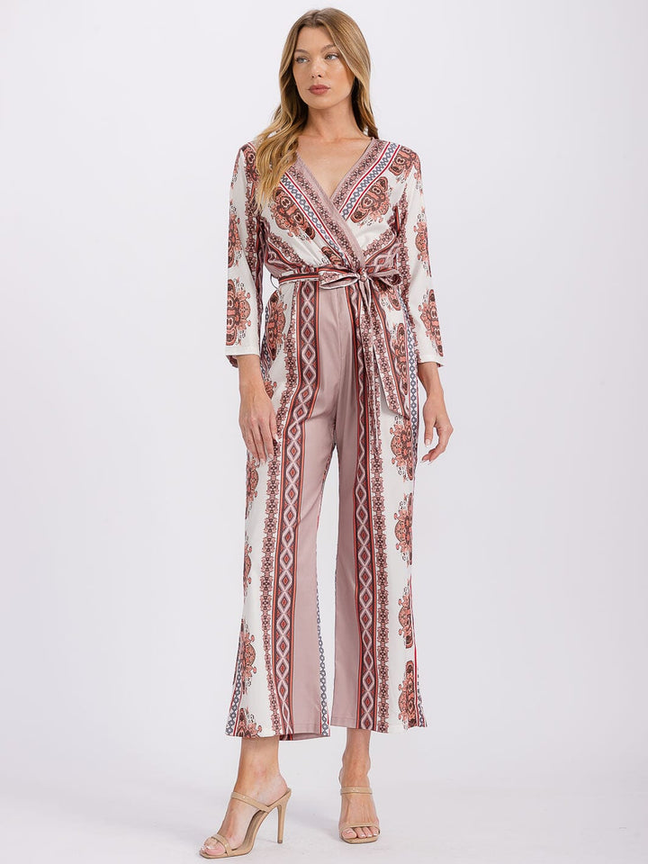 WOMEN'S LONG SLEEVE SURPLICE SELF TIE MULTI PRINT JUMPSUIT