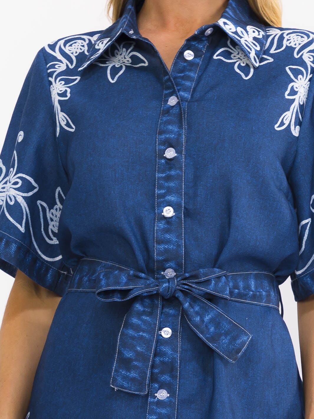 WOMEN'S SHORT SLEEVE BUTTON UP SELF TIE FLORAL PRINT MINI DRESS