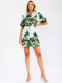 WOMEN'S SHORT SLEEVE BUTTON UP SELF TIE FRONT POCKETS MULTI PRINT MINI DRESS