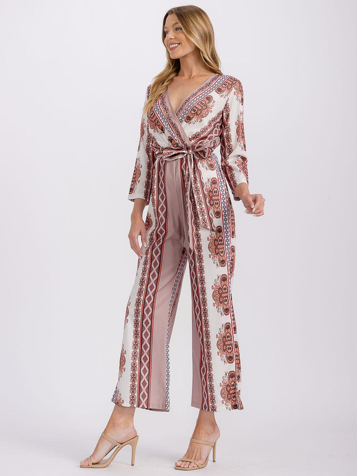 WOMEN'S LONG SLEEVE SURPLICE SELF TIE MULTI PRINT JUMPSUIT