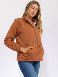 WOMEN'S LONG SLEEVE FRONT POCKETS ZIPPER CLOSURE SHERPA PUFFER JACKET