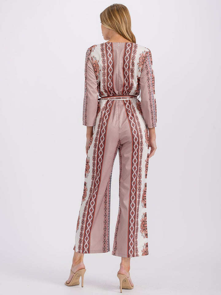 WOMEN'S LONG SLEEVE SURPLICE SELF TIE MULTI PRINT JUMPSUIT