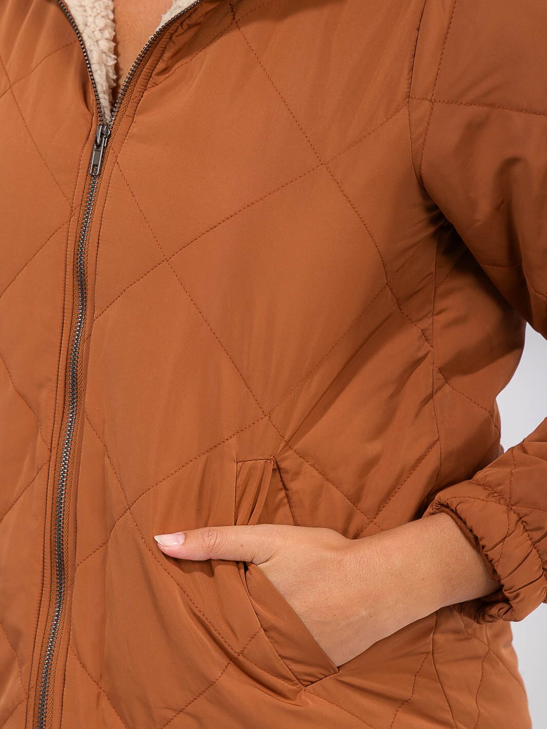 WOMEN'S LONG SLEEVE FRONT POCKETS ZIPPER CLOSURE SHERPA PUFFER JACKET