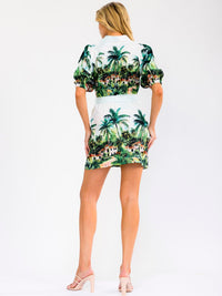 WOMEN'S SHORT SLEEVE BUTTON UP SELF TIE FRONT POCKETS MULTI PRINT MINI DRESS