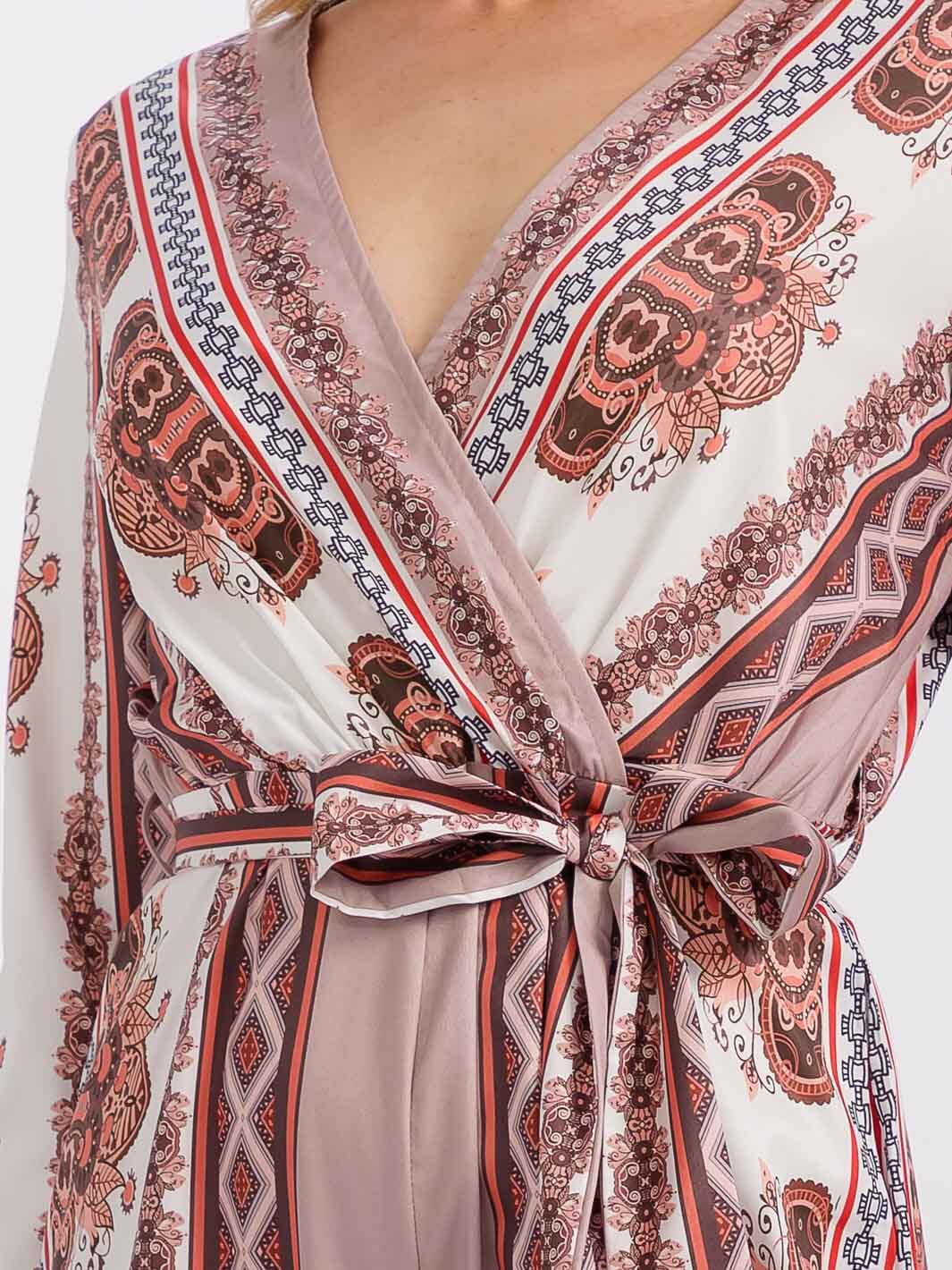 WOMEN'S LONG SLEEVE SURPLICE SELF TIE MULTI PRINT JUMPSUIT