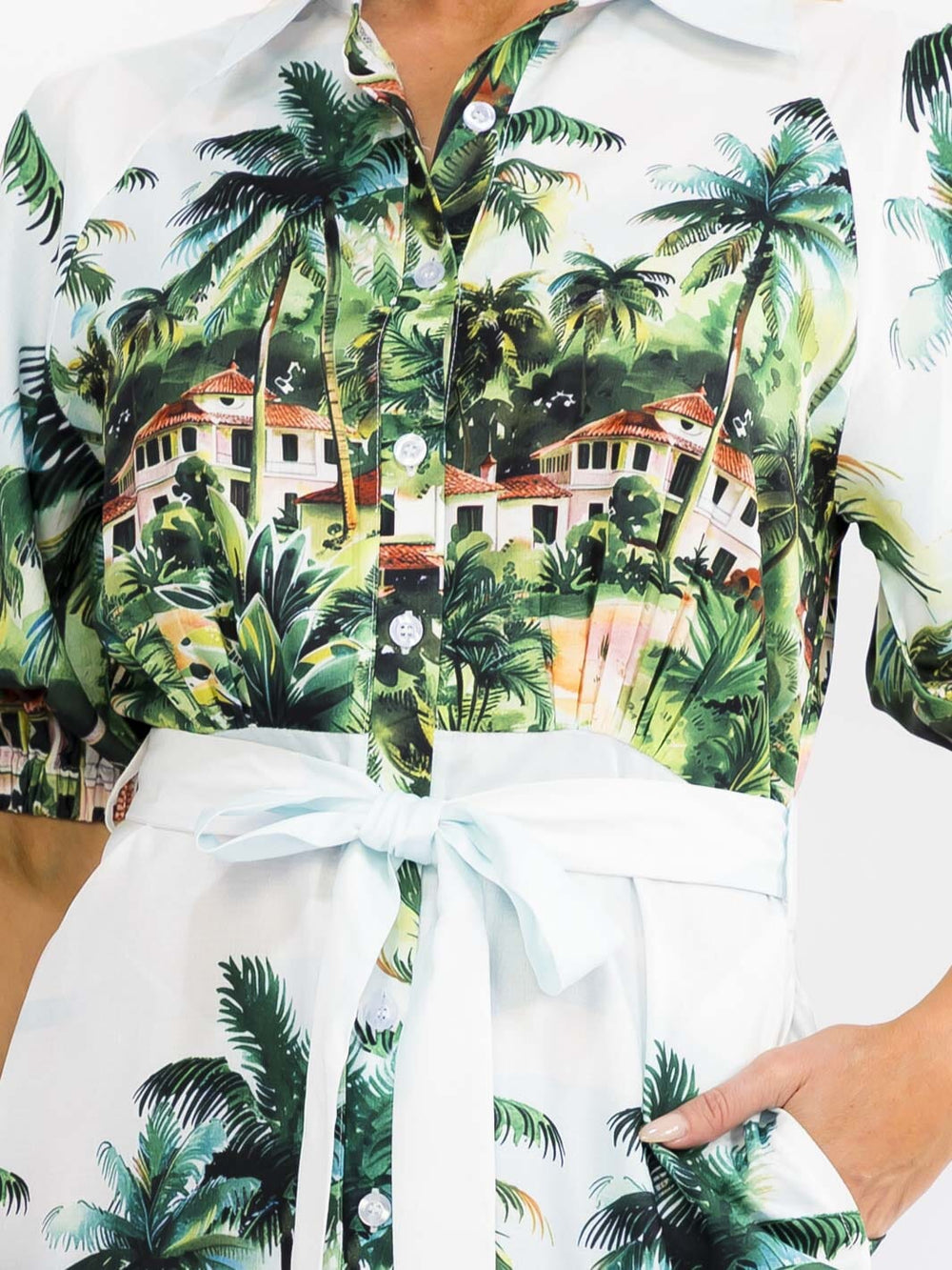 WOMEN'S SHORT SLEEVE BUTTON UP SELF TIE FRONT POCKETS MULTI PRINT MINI DRESS