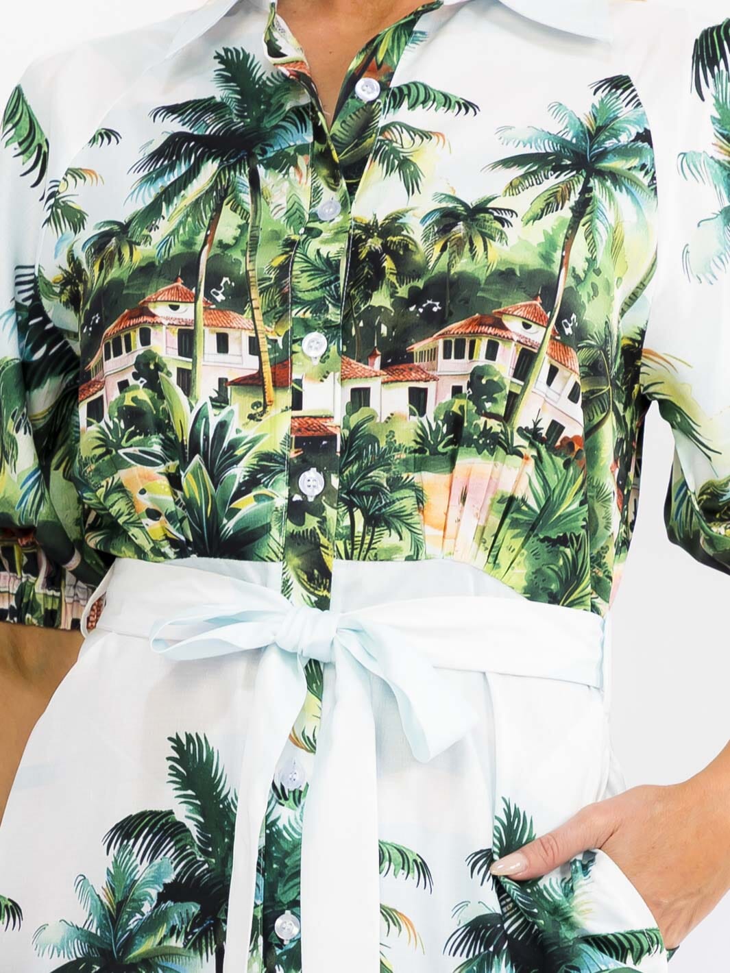 WOMEN'S SHORT SLEEVE BUTTON UP SELF TIE FRONT POCKETS MULTI PRINT MINI DRESS