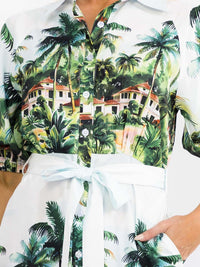 WOMEN'S SHORT SLEEVE BUTTON UP SELF TIE FRONT POCKETS MULTI PRINT MINI DRESS