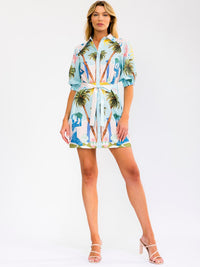 WOMEN'S SHORT SLEEVE BUTTON UP SELF TIE FRONT POCKETS MULTI PRINT MINI DRESS
