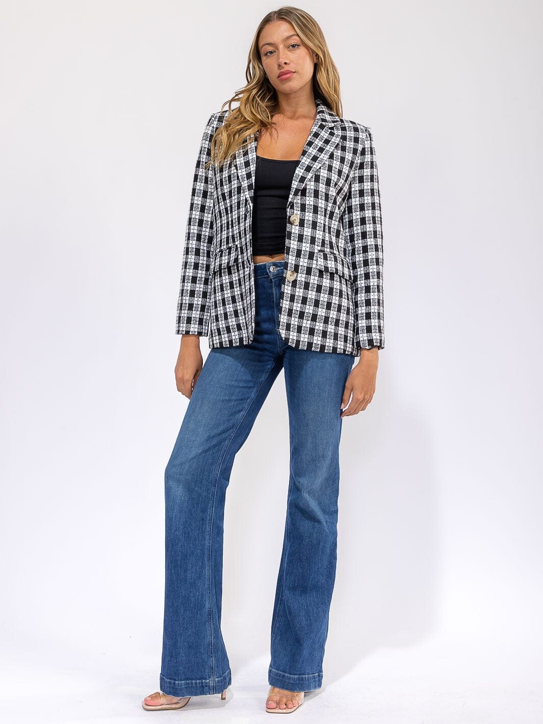 WOMEN'S LONG SLEEVE BUTTON CLOSURE FRONT POCKETS PLAID BLAZER