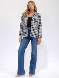 WOMEN'S LONG SLEEVE BUTTON CLOSURE FRONT POCKETS PLAID BLAZER
