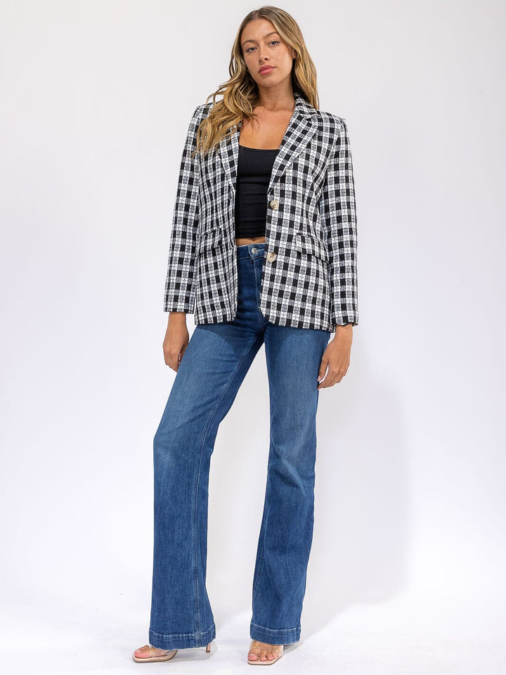 WOMEN'S LONG SLEEVE BUTTON CLOSURE FRONT POCKETS PLAID BLAZER