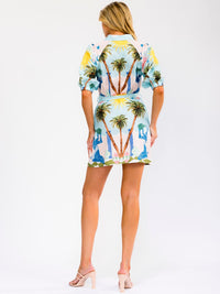 WOMEN'S SHORT SLEEVE BUTTON UP SELF TIE FRONT POCKETS MULTI PRINT MINI DRESS