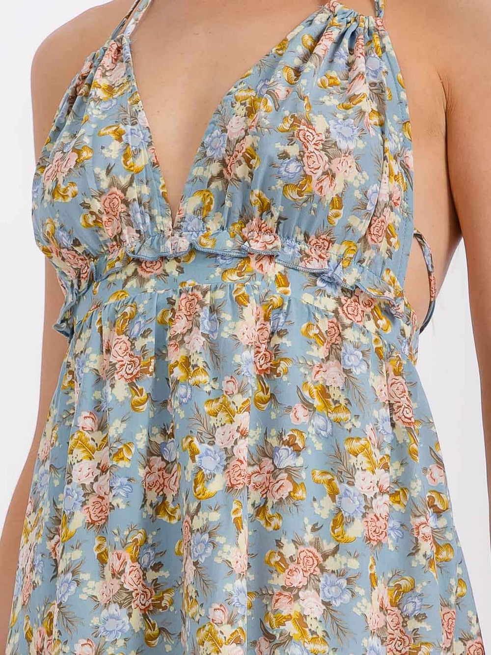 WOMEN'S SLEEVELESS V-NECK HALTER NECK ELASTIC WAIST FLORAL MINI DRESS