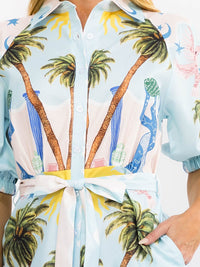 WOMEN'S SHORT SLEEVE BUTTON UP SELF TIE FRONT POCKETS MULTI PRINT MINI DRESS