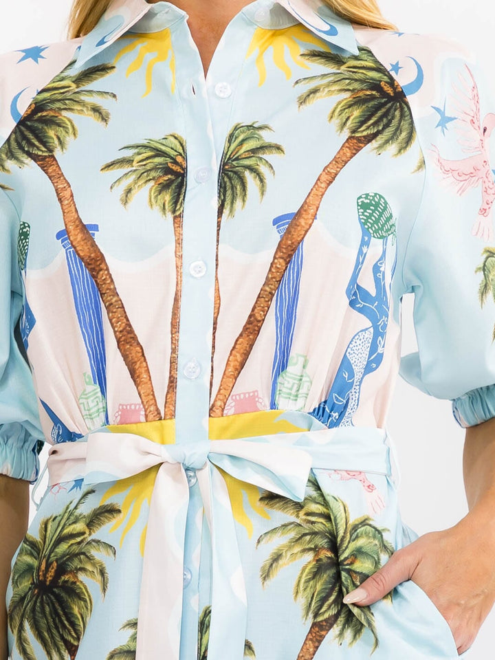 WOMEN'S SHORT SLEEVE BUTTON UP SELF TIE FRONT POCKETS MULTI PRINT MINI DRESS