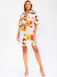 WOMEN'S SHORT SLEEVE BUTTON UP BELTED FRONT POCKETS MULTI PRINT MINI DRESS
