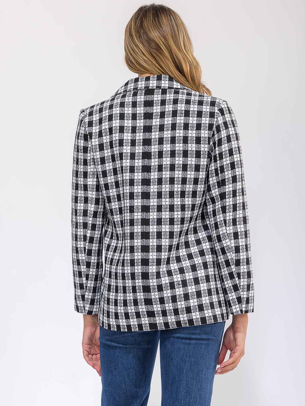 WOMEN'S LONG SLEEVE BUTTON CLOSURE FRONT POCKETS PLAID BLAZER