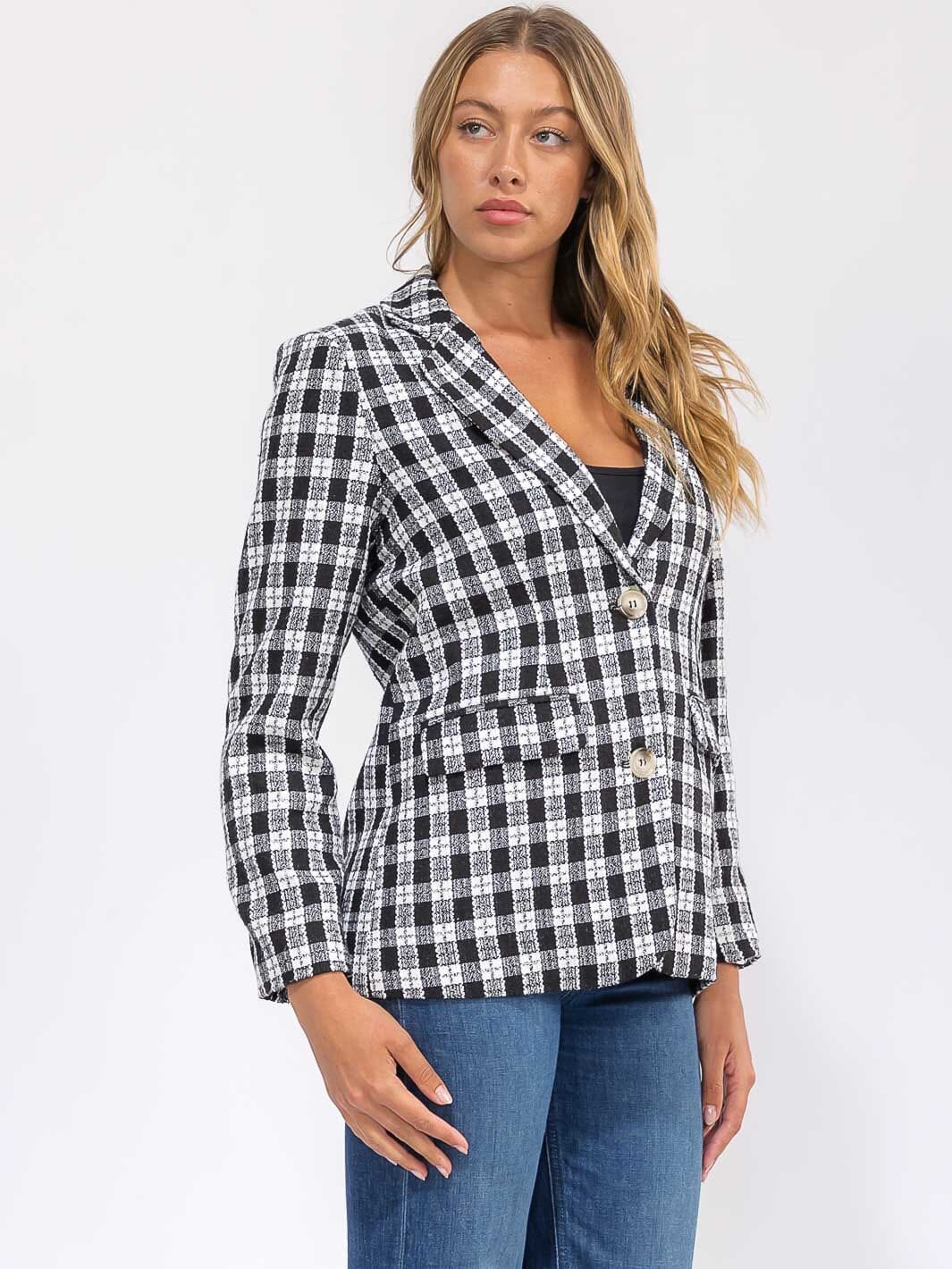 WOMEN'S LONG SLEEVE BUTTON CLOSURE FRONT POCKETS PLAID BLAZER
