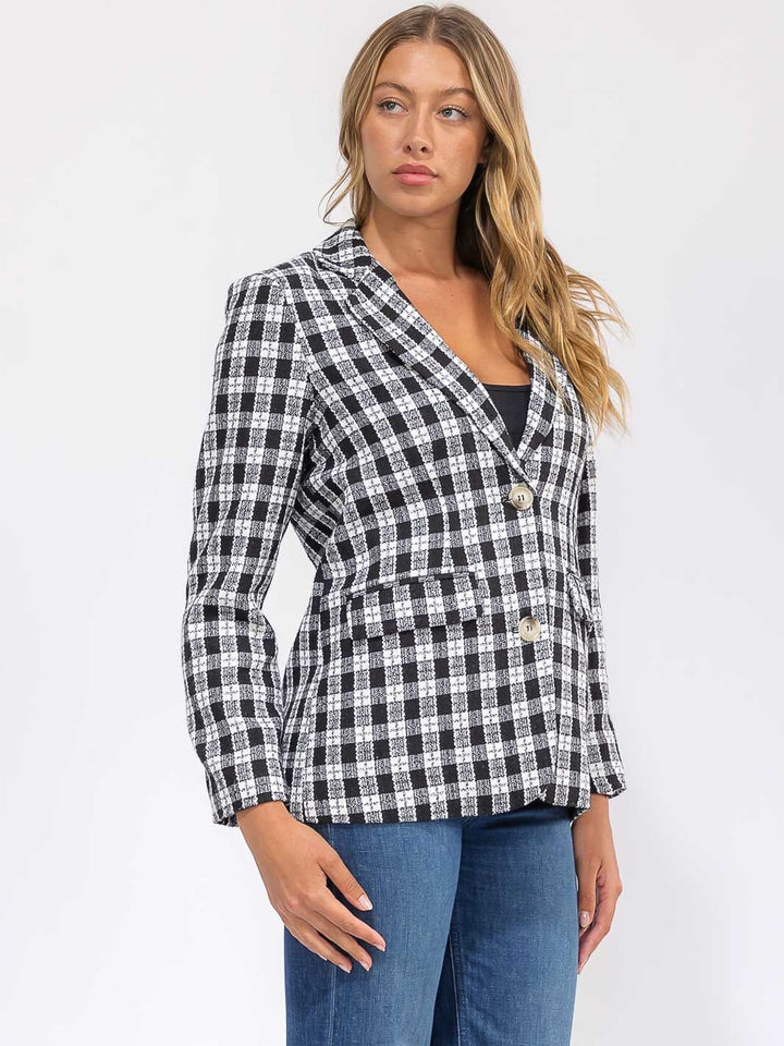 WOMEN'S LONG SLEEVE BUTTON CLOSURE FRONT POCKETS PLAID BLAZER