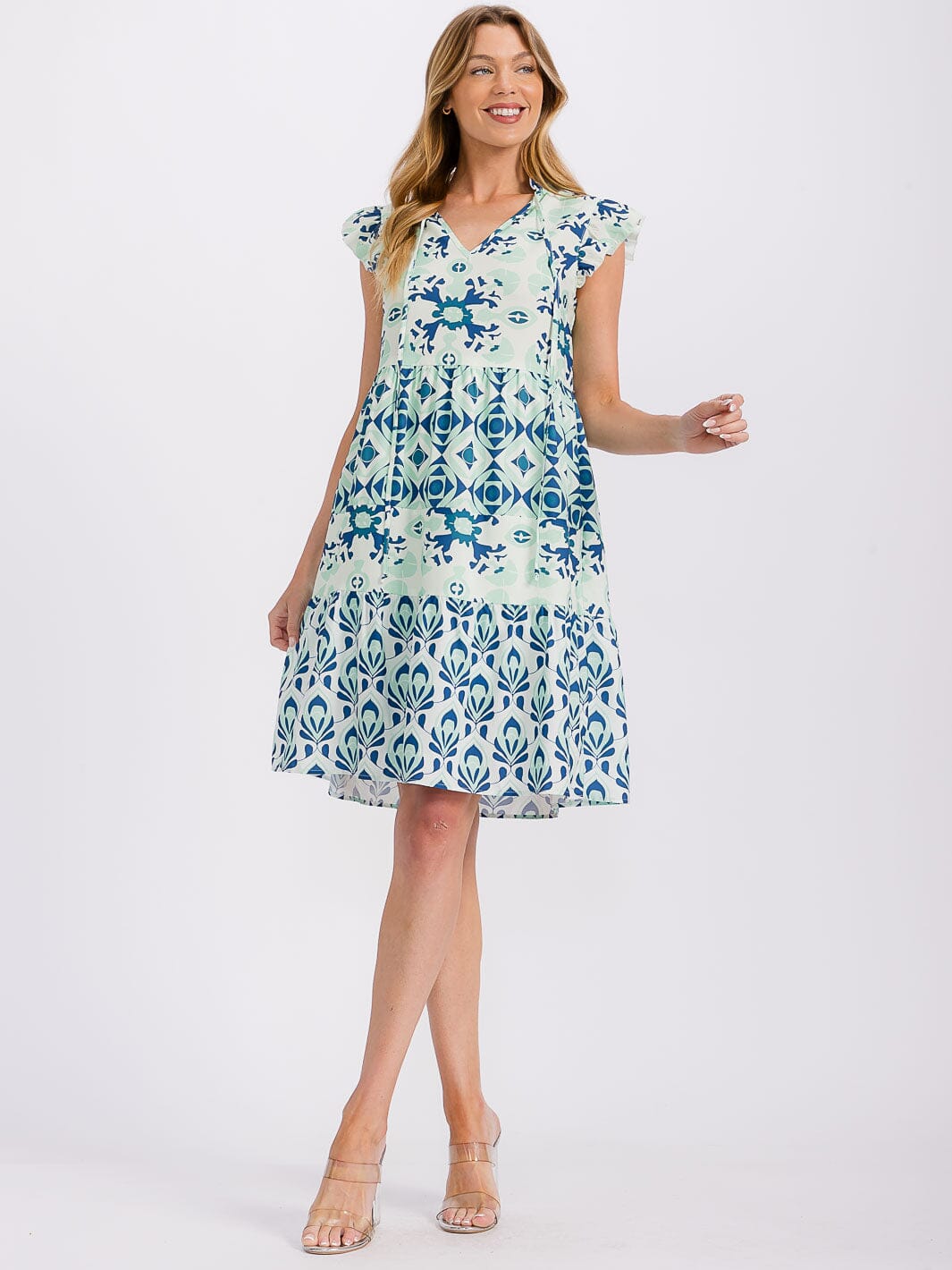 WOMEN'S RUFFLE SLEEVE V-NECK MULTI PRINT TUNIC MINI DRESS