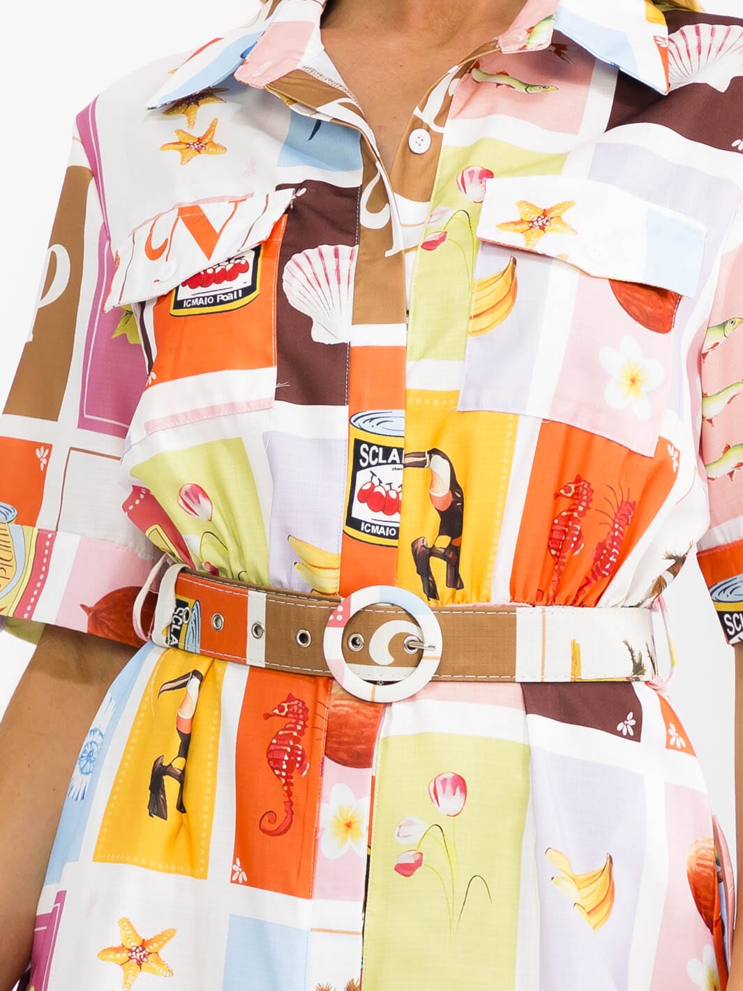 WOMEN'S SHORT SLEEVE BUTTON UP BELTED FRONT POCKETS MULTI PRINT MINI DRESS