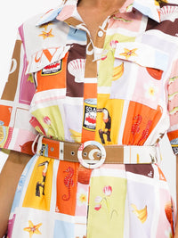 WOMEN'S SHORT SLEEVE BUTTON UP BELTED FRONT POCKETS MULTI PRINT MINI DRESS
