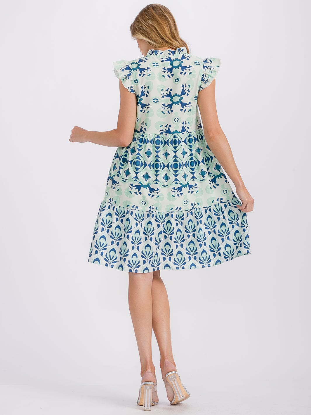 WOMEN'S RUFFLE SLEEVE V-NECK MULTI PRINT TUNIC MINI DRESS