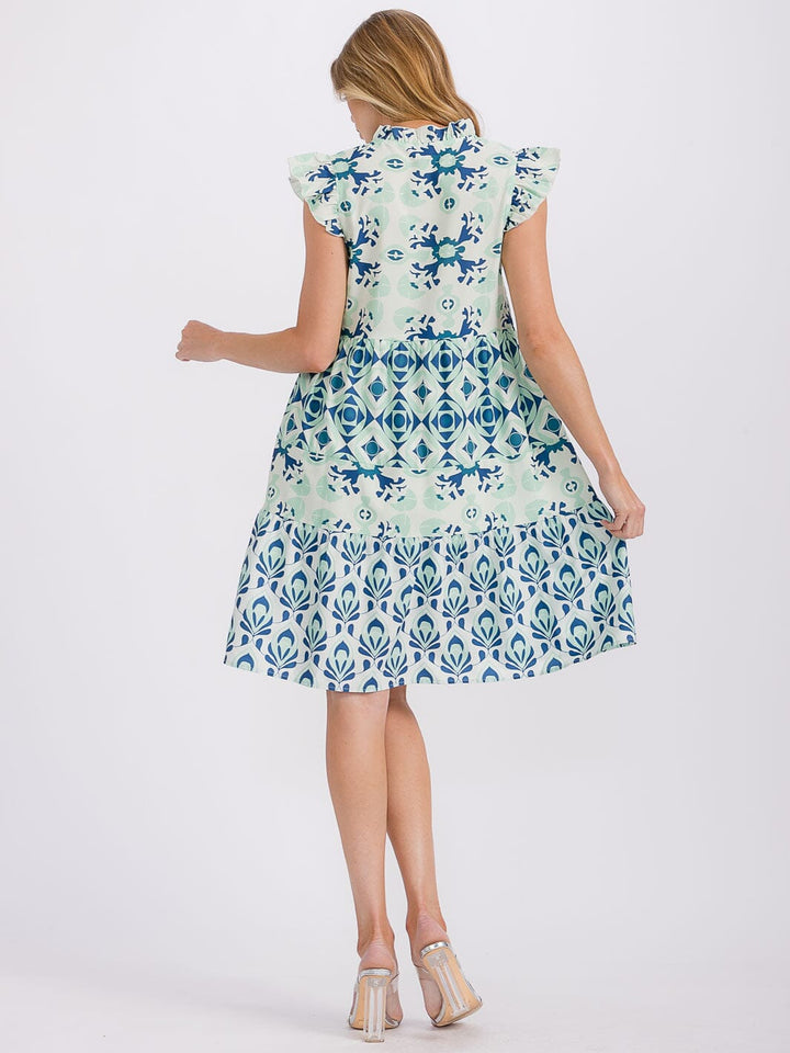 WOMEN'S RUFFLE SLEEVE V-NECK MULTI PRINT TUNIC MINI DRESS