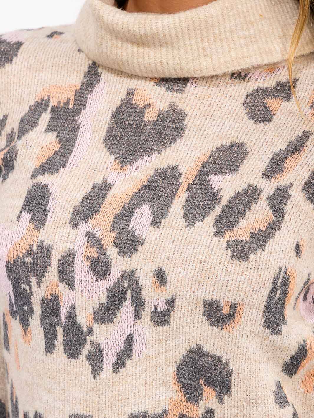 WOMEN'S LONG SLEEVE TURTLE NECK ANIMAL PRINT BODYCON MINI DRESS