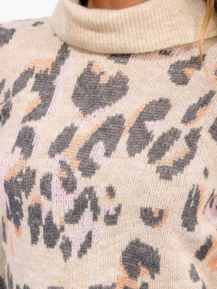 WOMEN'S LONG SLEEVE TURTLE NECK ANIMAL PRINT BODYCON MINI DRESS