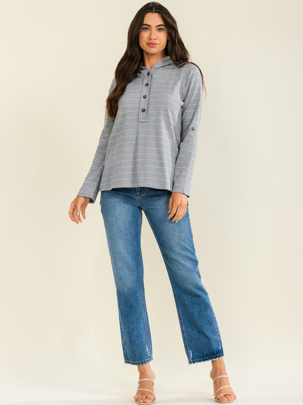 ENTRO WOMEN'S LONG SLEEVE BUTTON UP STRIPES HOODED TOP