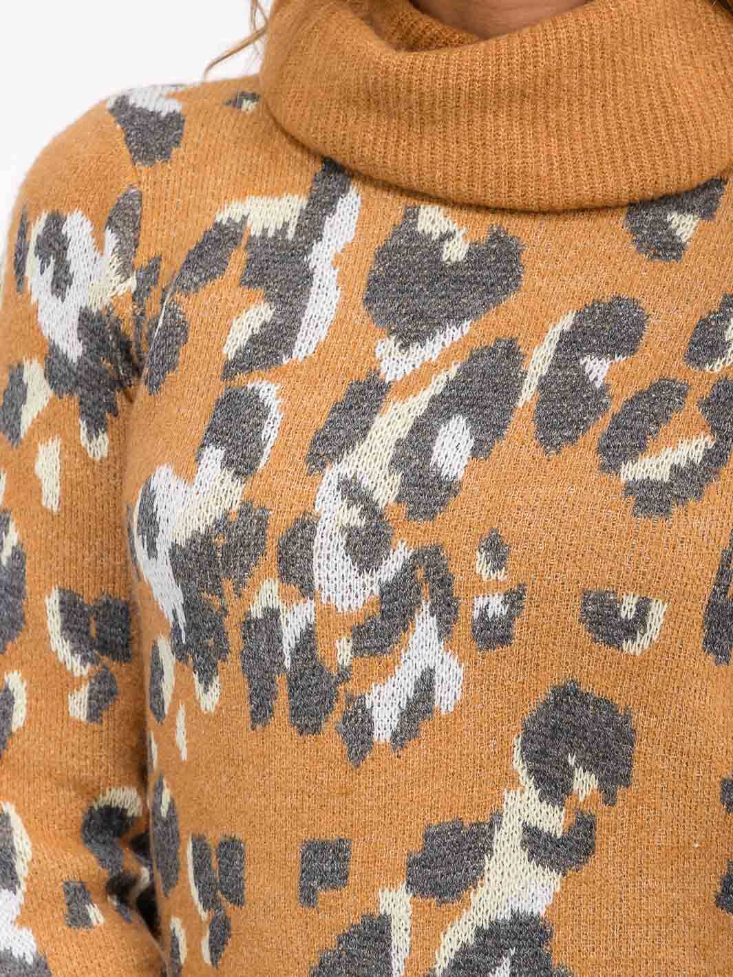 WOMEN'S LONG SLEEVE TURTLE NECK ANIMAL PRINT BODYCON MINI DRESS