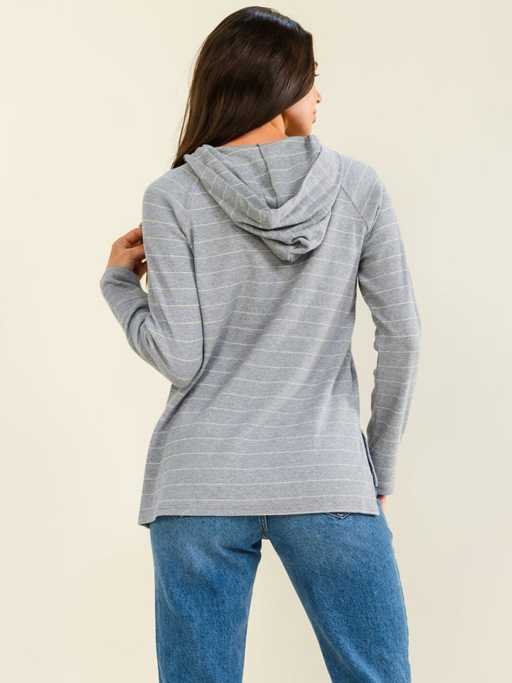 ENTRO WOMEN'S LONG SLEEVE BUTTON UP STRIPES HOODED TOP