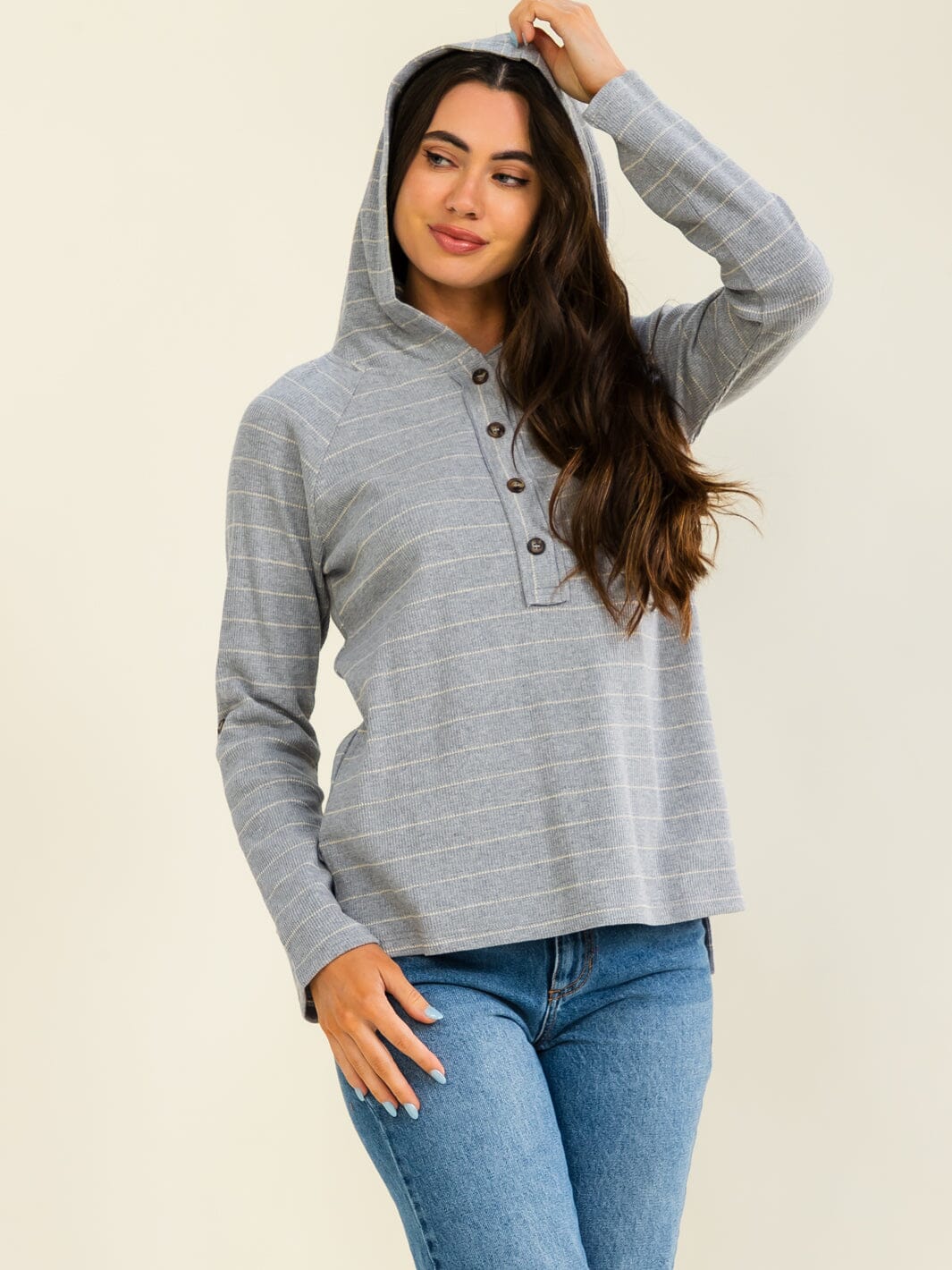 ENTRO WOMEN'S LONG SLEEVE BUTTON UP STRIPES HOODED TOP