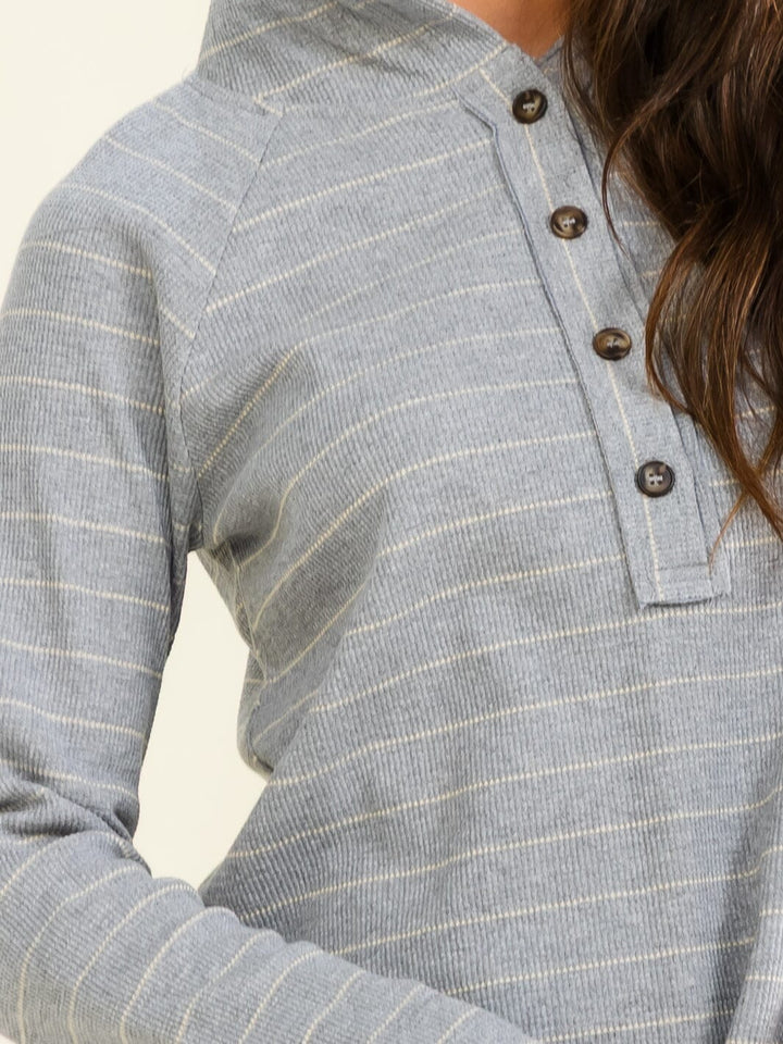 ENTRO WOMEN'S LONG SLEEVE BUTTON UP STRIPES HOODED TOP