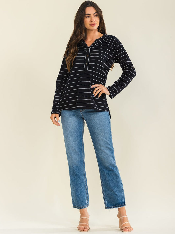 ENTRO WOMEN'S LONG SLEEVE BUTTON UP STRIPES HOODED TOP