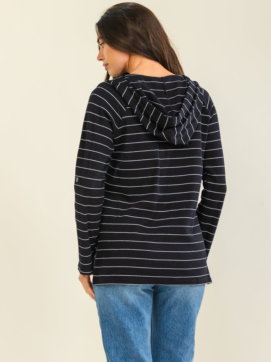 ENTRO WOMEN'S LONG SLEEVE BUTTON UP STRIPES HOODED TOP