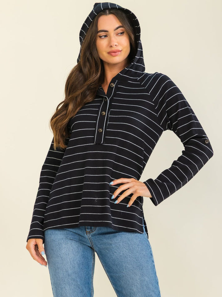 ENTRO WOMEN'S LONG SLEEVE BUTTON UP STRIPES HOODED TOP