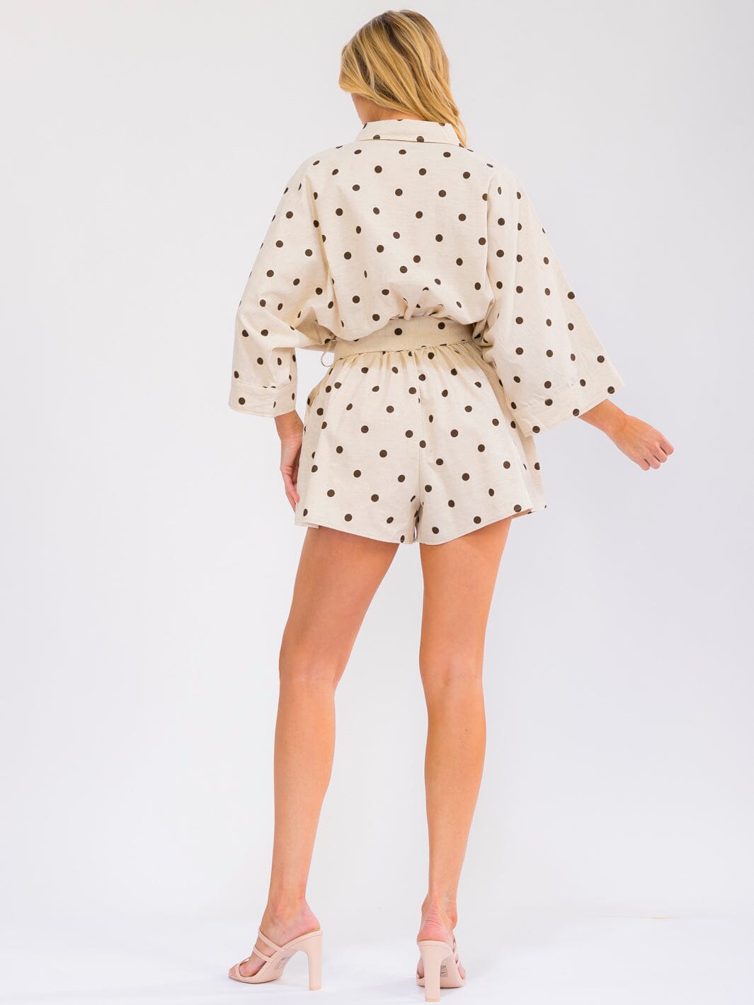 WOMEN'S 3/4 SLEEVES FRONT POCKETS BUTTON UP SELF TIE POLKA DOTS ROMPER