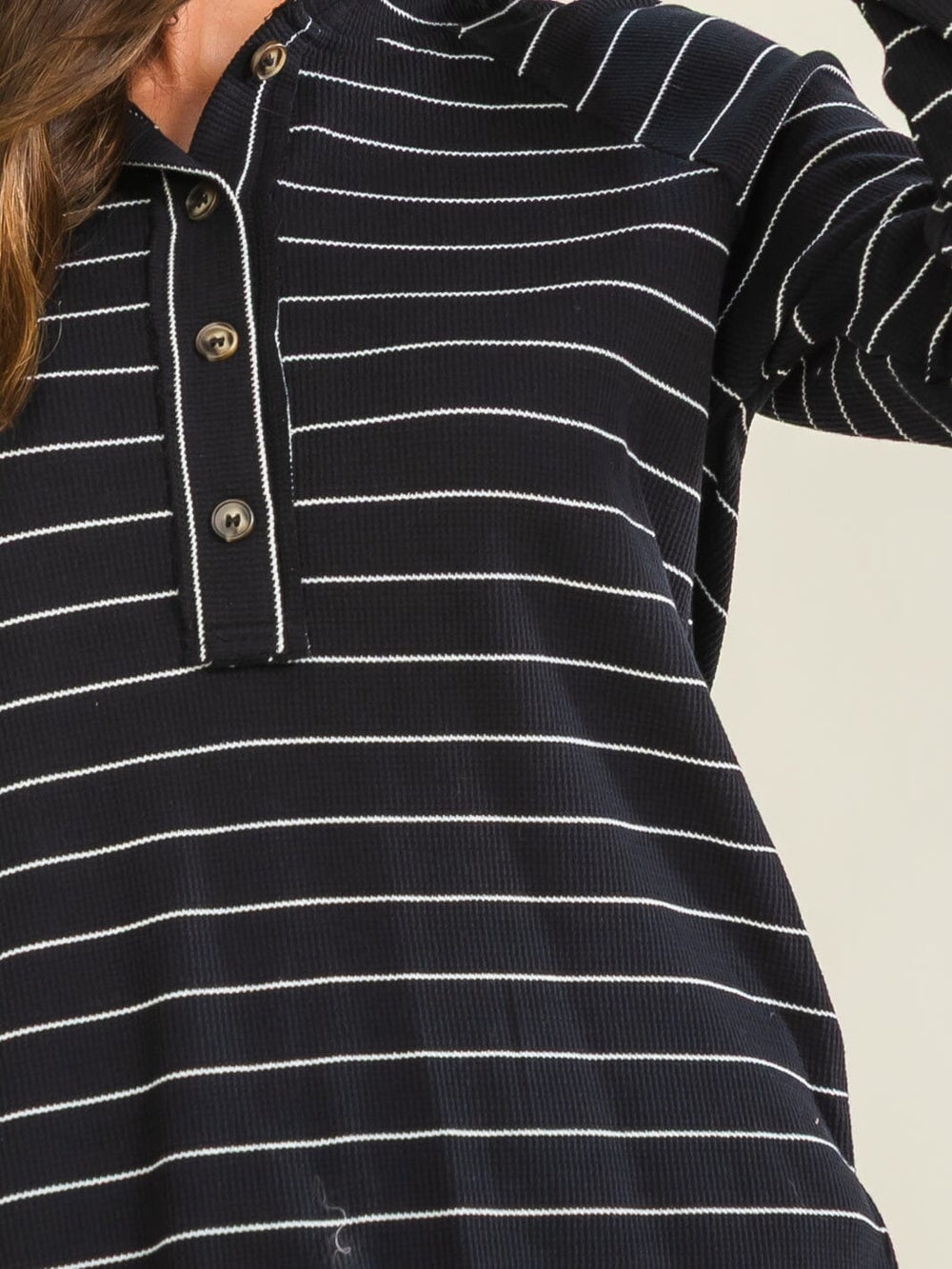 ENTRO WOMEN'S LONG SLEEVE BUTTON UP STRIPES HOODED TOP