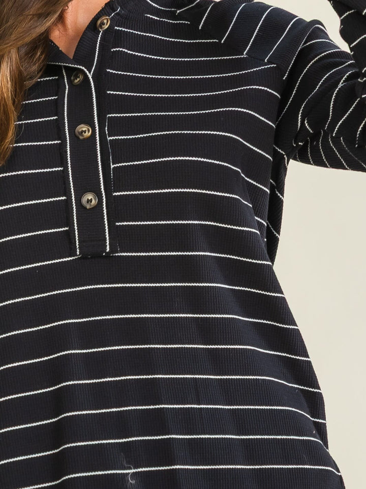 ENTRO WOMEN'S LONG SLEEVE BUTTON UP STRIPES HOODED TOP