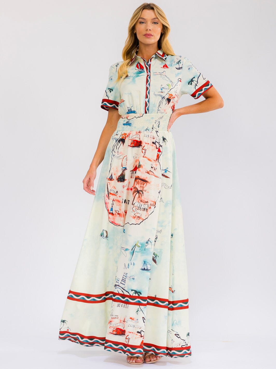 WOMEN'S SHORT SLEEVE SELF TIE BUTTON UP SMOCK WAIST MULTI PRINT MAXI DRESS